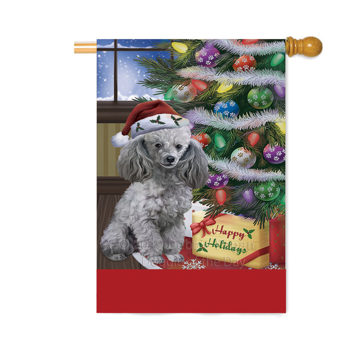 Personalized Christmas Happy Holidays Poodle Dog with Tree and Presents Custom House Flag FLG-DOTD-A58711