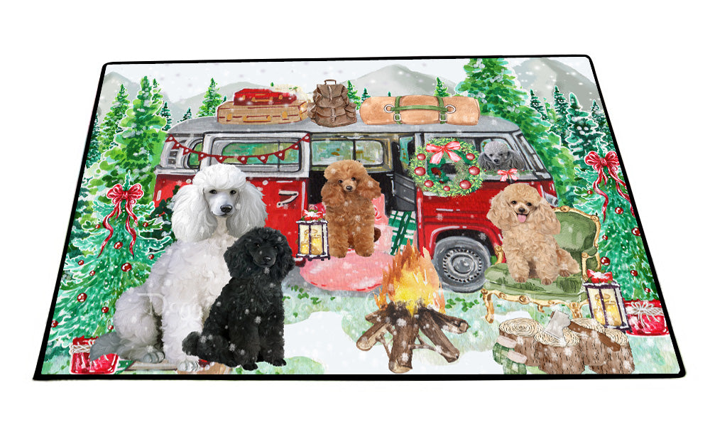 Christmas Time Camping with Poodle Dogs Floor Mat- Anti-Slip Pet Door Mat Indoor Outdoor Front Rug Mats for Home Outside Entrance Pets Portrait Unique Rug Washable Premium Quality Mat