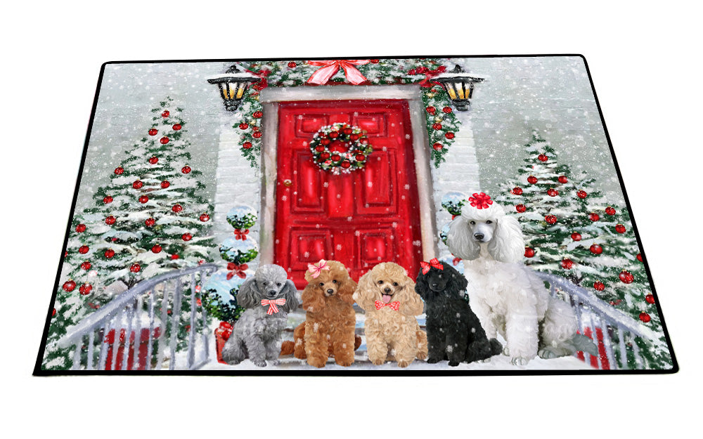 Christmas Holiday Welcome Poodle Dogs Floor Mat- Anti-Slip Pet Door Mat Indoor Outdoor Front Rug Mats for Home Outside Entrance Pets Portrait Unique Rug Washable Premium Quality Mat