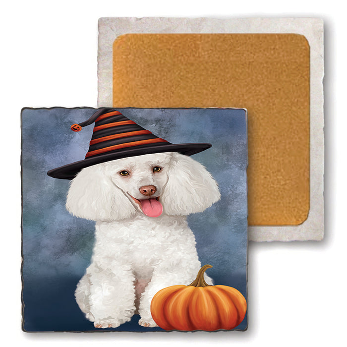 Happy Halloween Poodle Dog Wearing Witch Hat with Pumpkin Set of 4 Natural Stone Marble Tile Coasters MCST49791