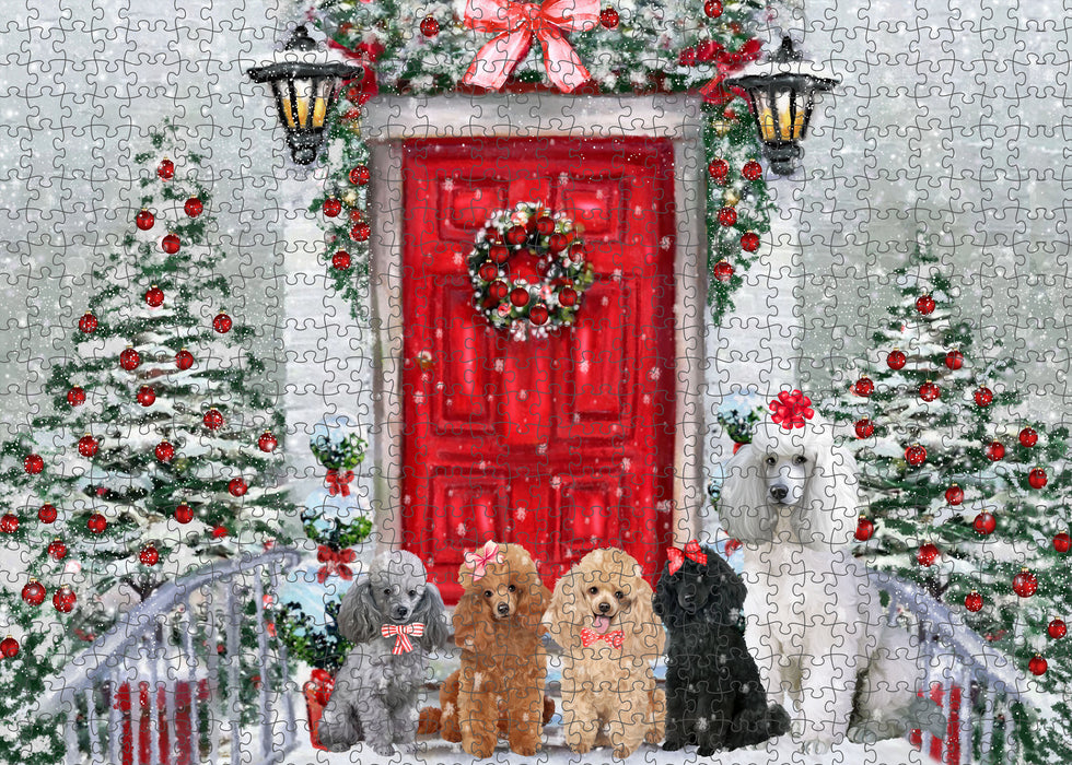 Christmas Holiday Welcome Poodle Dogs Portrait Jigsaw Puzzle for Adults Animal Interlocking Puzzle Game Unique Gift for Dog Lover's with Metal Tin Box