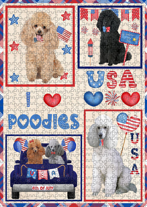 4th of July Independence Day I Love USA Poodle Dogs Portrait Jigsaw Puzzle for Adults Animal Interlocking Puzzle Game Unique Gift for Dog Lover's with Metal Tin Box