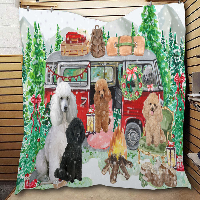 Christmas Time Camping with Poodle Dogs  Quilt Bed Coverlet Bedspread - Pets Comforter Unique One-side Animal Printing - Soft Lightweight Durable Washable Polyester Quilt