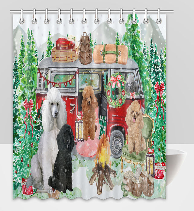 Christmas Time Camping with Poodle Dogs Shower Curtain Pet Painting Bathtub Curtain Waterproof Polyester One-Side Printing Decor Bath Tub Curtain for Bathroom with Hooks