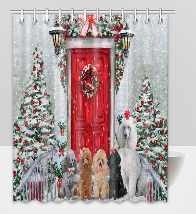 Christmas Holiday Welcome Poodle Dogs Shower Curtain Pet Painting Bathtub Curtain Waterproof Polyester One-Side Printing Decor Bath Tub Curtain for Bathroom with Hooks
