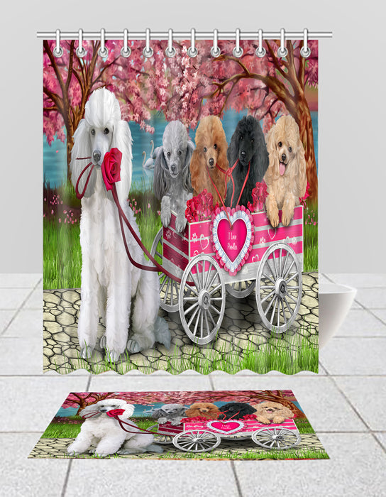 I Love Poodle Dogs in a Cart Bath Mat and Shower Curtain Combo