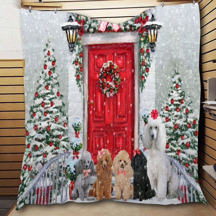 Christmas Holiday Welcome Poodle Dogs  Quilt Bed Coverlet Bedspread - Pets Comforter Unique One-side Animal Printing - Soft Lightweight Durable Washable Polyester Quilt