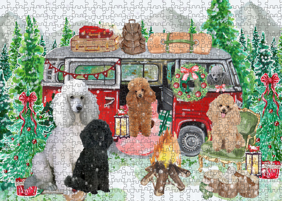 Christmas Time Camping with Poodle Dogs Portrait Jigsaw Puzzle for Adults Animal Interlocking Puzzle Game Unique Gift for Dog Lover's with Metal Tin Box