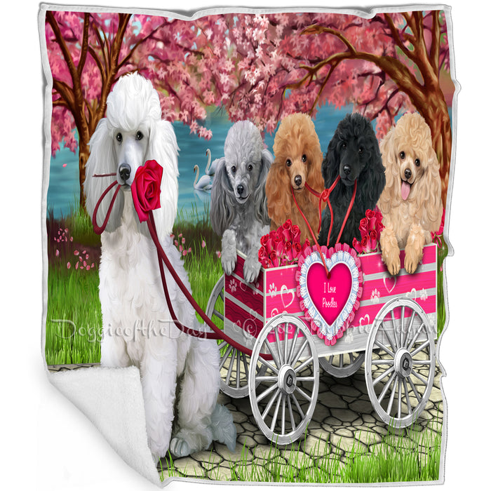 I Love Poodle Dogs in a Cart Art Portrait Print Woven Throw Sherpa Plush Fleece Blanket