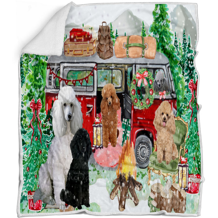 Christmas Time Camping with Poodle Dogs Blanket - Lightweight Soft Cozy and Durable Bed Blanket - Animal Theme Fuzzy Blanket for Sofa Couch