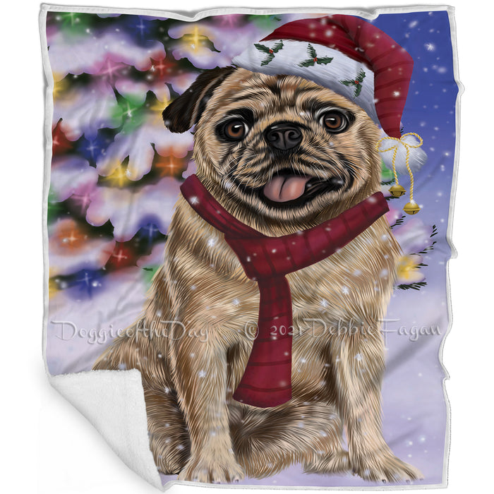 Winterland Wonderland Pug Adult Dog In Christmas Holiday Scenic Background Blanket