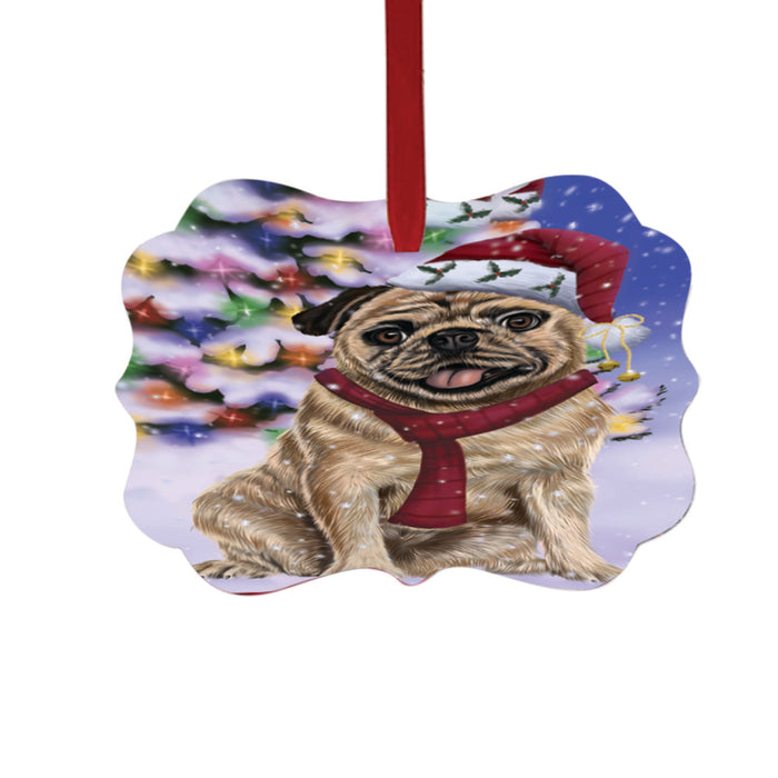 Winterland Wonderland Pug Dog In Christmas Holiday Scenic Background Double-Sided Photo Benelux Christmas Ornament LOR49619