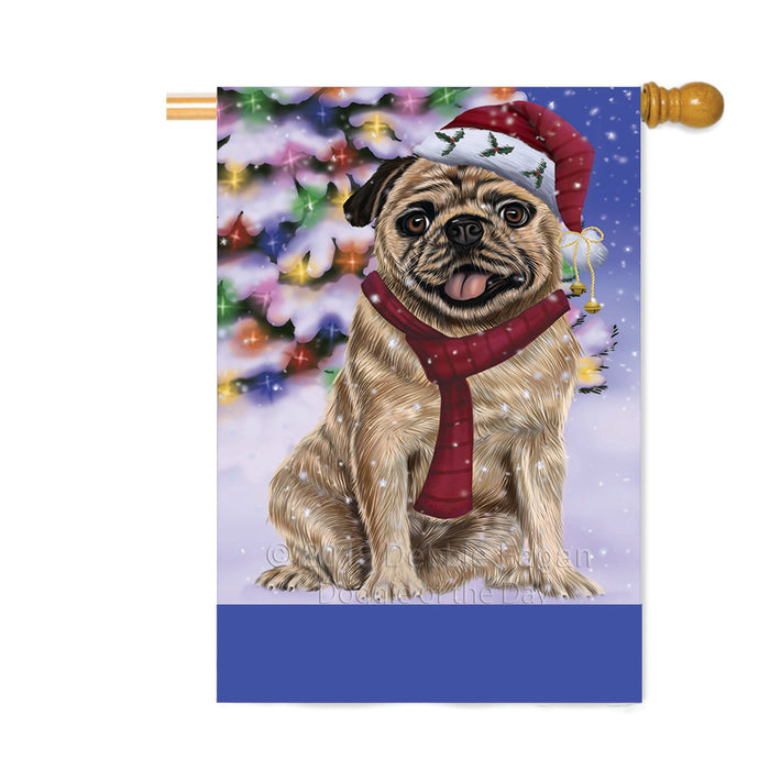 Personalized Winterland Wonderland Pug Dog In Christmas Holiday Scenic Background Custom House Flag FLG-DOTD-A61422