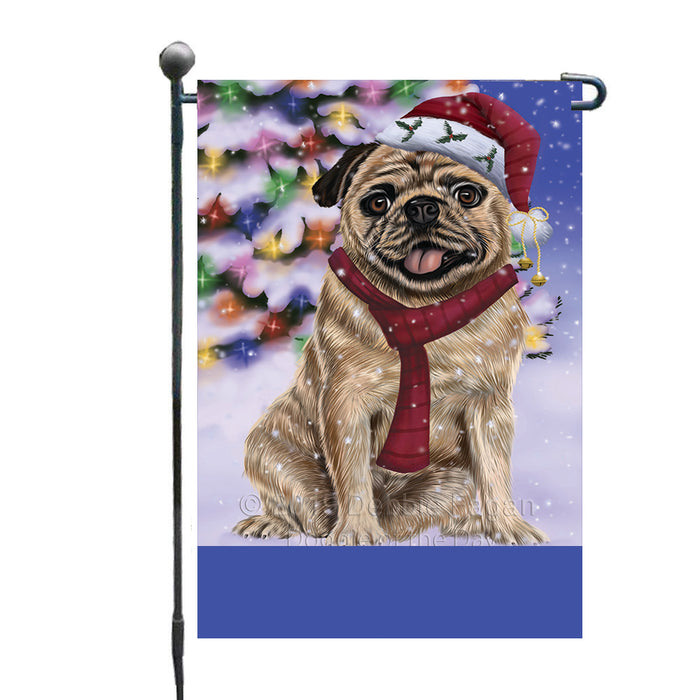 Personalized Winterland Wonderland Pug Dog In Christmas Holiday Scenic Background Custom Garden Flags GFLG-DOTD-A61366