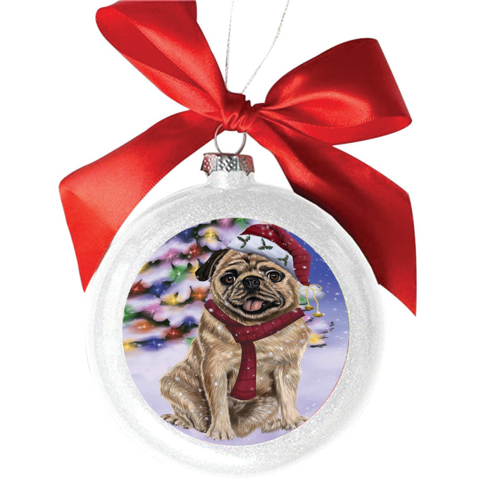 Winterland Wonderland Pug Dog In Christmas Holiday Scenic Background White Round Ball Christmas Ornament WBSOR49619