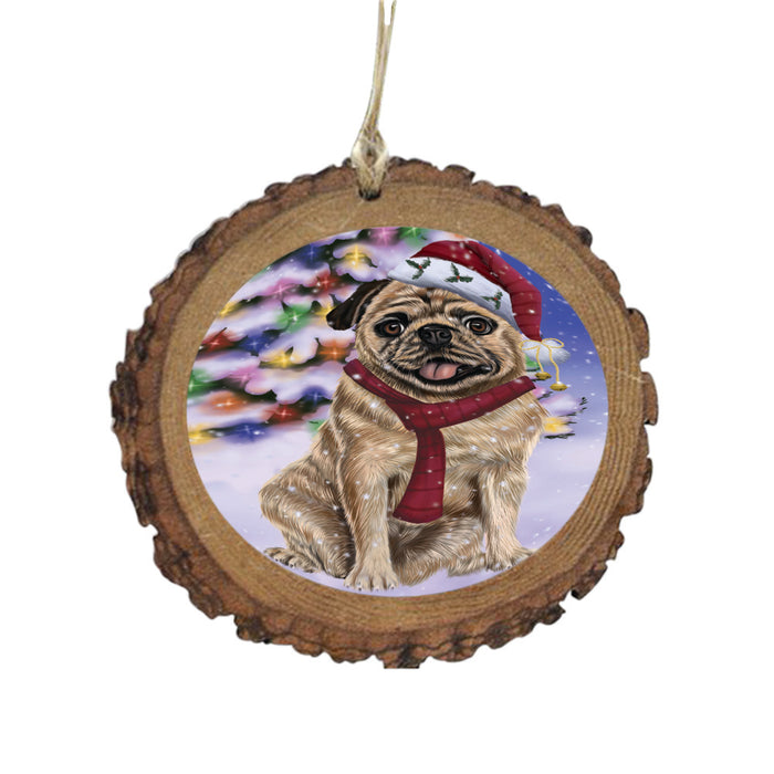 Winterland Wonderland Pug Dog In Christmas Holiday Scenic Background Wooden Christmas Ornament WOR49619