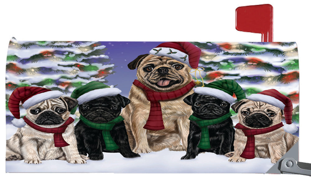 Magnetic Mailbox Cover Pugs Dog Christmas Family Portrait in Holiday Scenic Background MBC48244