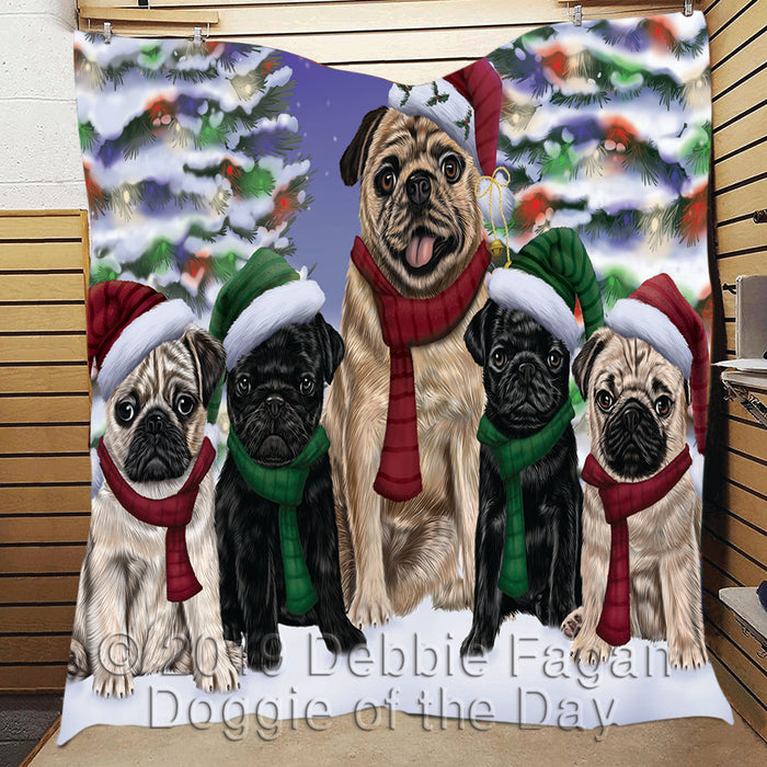 Pug Dogs Christmas Family Portrait in Holiday Scenic Background Quilt