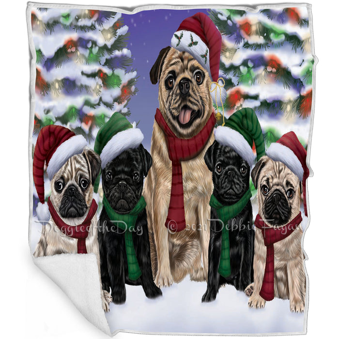 Pug Dog Christmas Family Portrait in Holiday Scenic Background Art Portrait Print Woven Throw Sherpa Plush Fleece Blanket