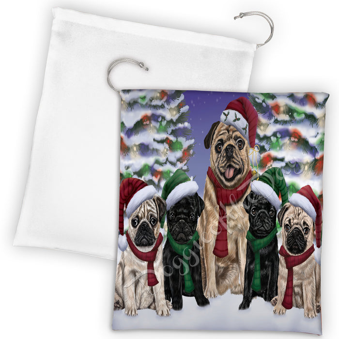 Pug Dogs Christmas Family Portrait in Holiday Scenic Background Drawstring Laundry or Gift Bag LGB48165