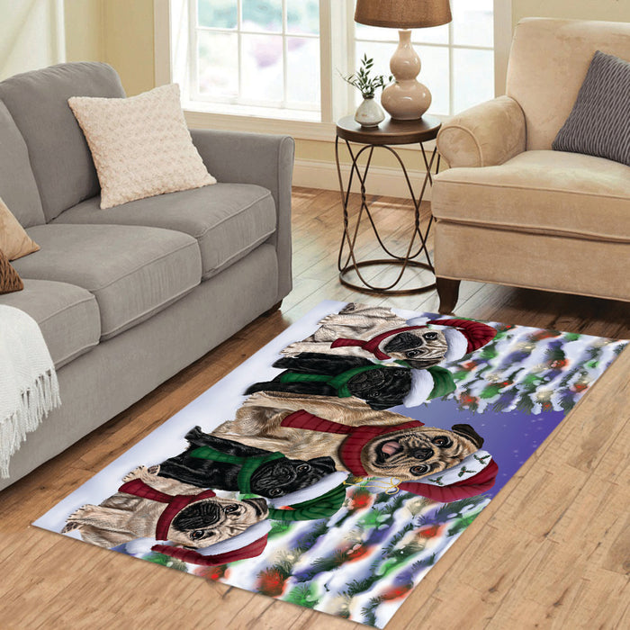 Pug Dogs Christmas Family Portrait in Holiday Scenic Background Area Rug