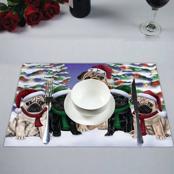 Pug Dogs Christmas Family Portrait in Holiday Scenic Background Placemat