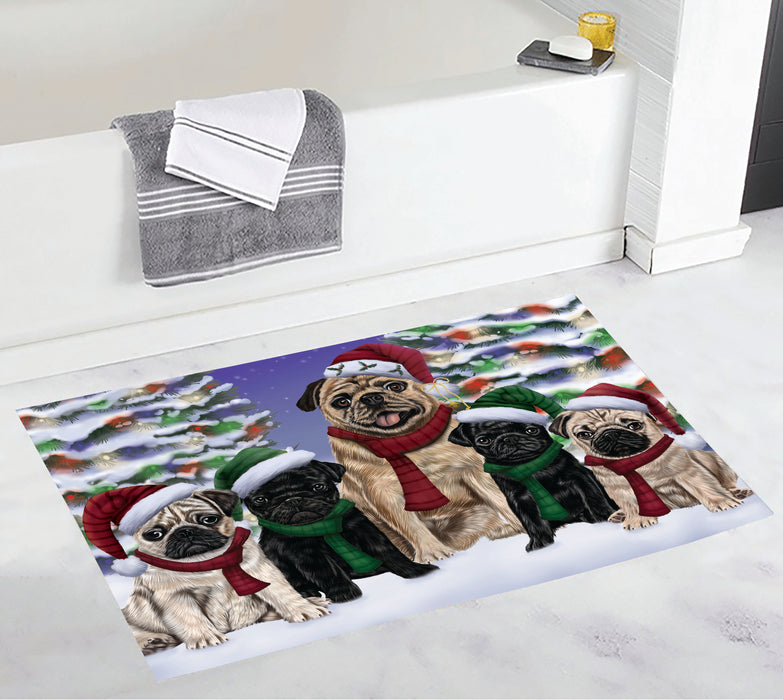 Pug Dogs Christmas Family Portrait in Holiday Scenic Background Bath Mat