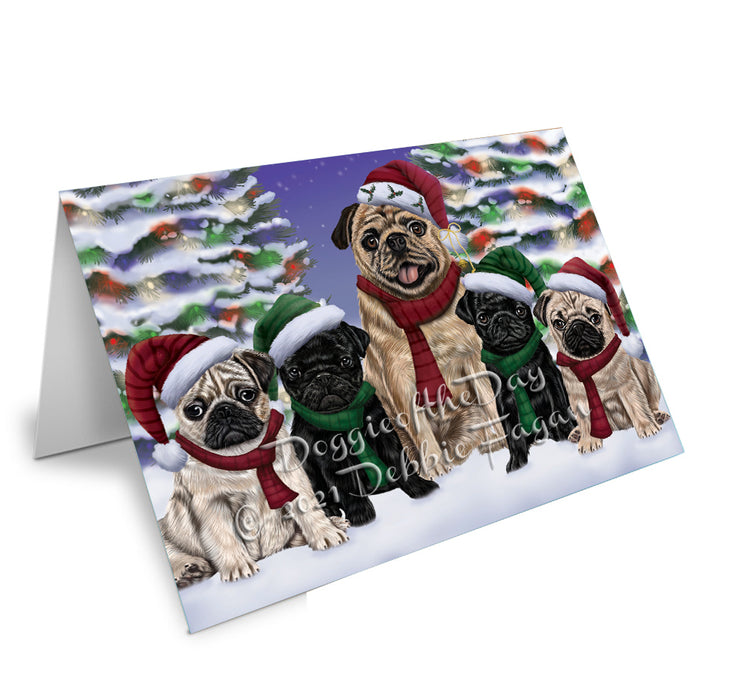 Christmas Family Portrait Pug Dog Handmade Artwork Assorted Pets Greeting Cards and Note Cards with Envelopes for All Occasions and Holiday Seasons