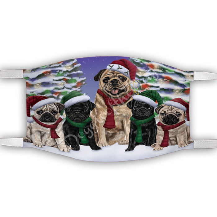Pug Dogs Christmas Family Portrait in Holiday Scenic Background Face Mask FM48367