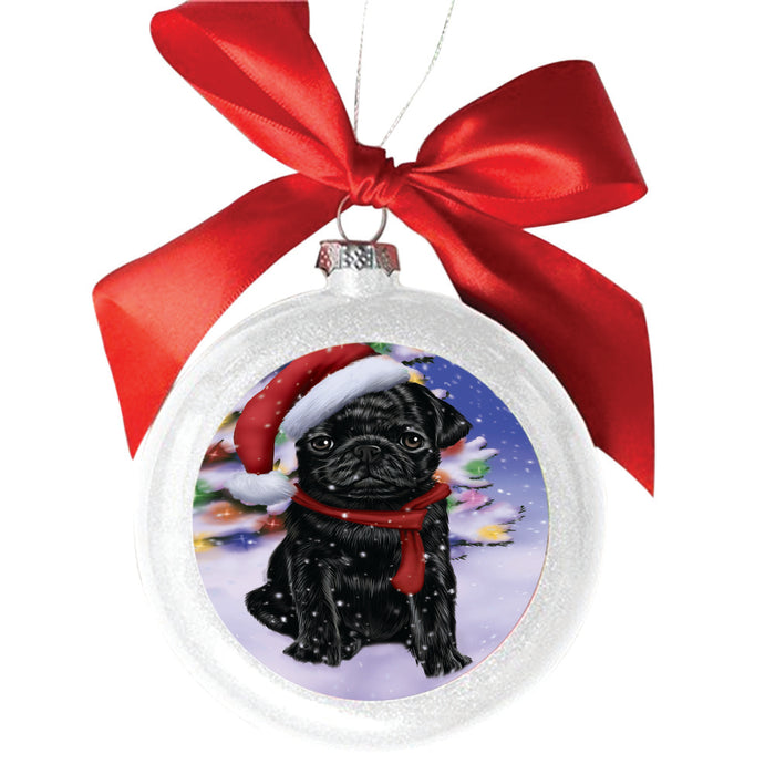 Winterland Wonderland Pug Dog In Christmas Holiday Scenic Background White Round Ball Christmas Ornament WBSOR49620