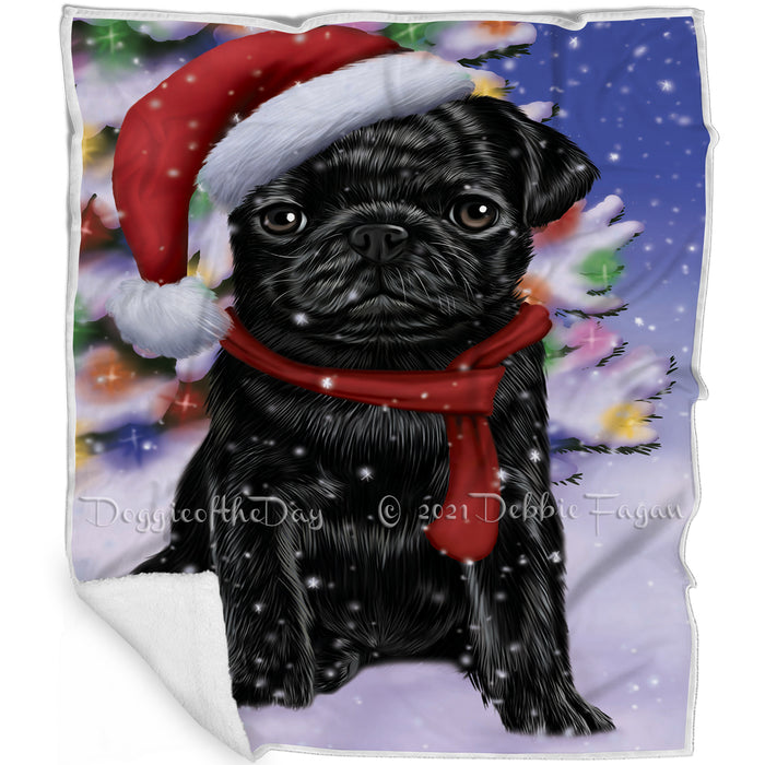 Winterland Wonderland Pug Puppy Dog In Christmas Holiday Scenic Background Blanket