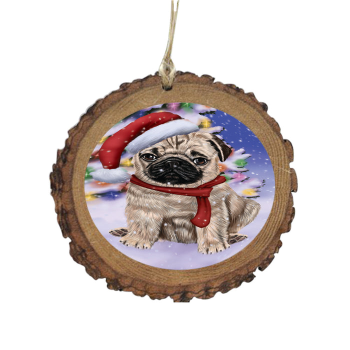 Winterland Wonderland Pug Dog In Christmas Holiday Scenic Background Wooden Christmas Ornament WOR49621
