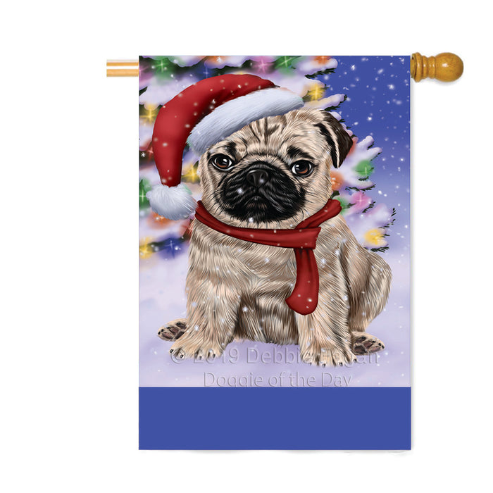 Personalized Winterland Wonderland Pug Dog In Christmas Holiday Scenic Background Custom House Flag FLG-DOTD-A61424