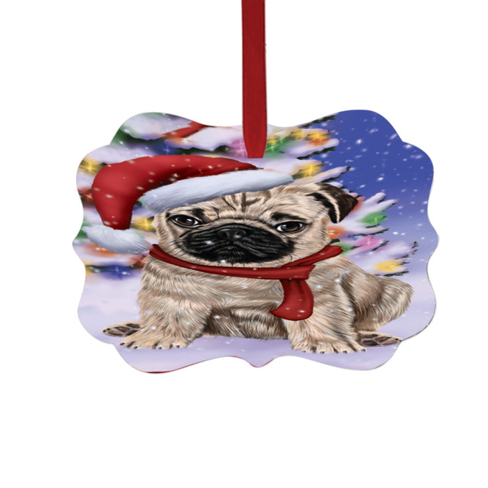 Winterland Wonderland Pug Dog In Christmas Holiday Scenic Background Double-Sided Photo Benelux Christmas Ornament LOR49621