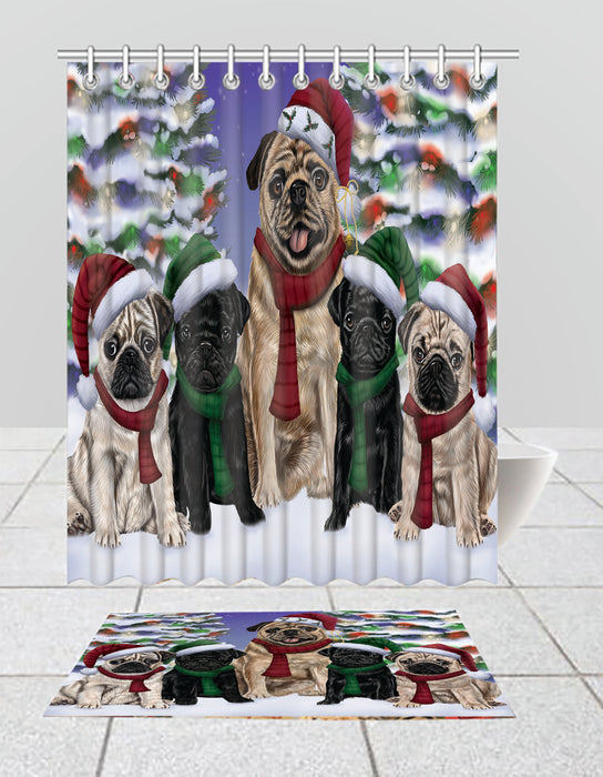 Pug Dogs Christmas Family Portrait in Holiday Scenic Background  Bath Mat and Shower Curtain Combo
