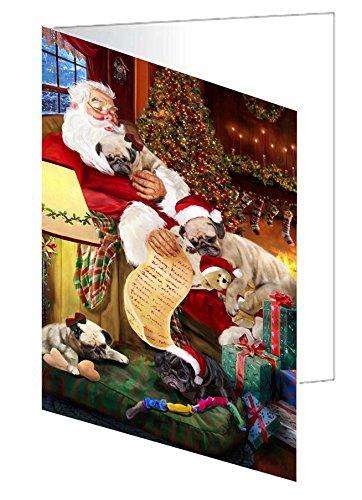 Pug Dog and Puppies Sleeping with Santa Handmade Artwork Assorted Pets Greeting Cards and Note Cards with Envelopes for All Occasions and Holiday Seasons