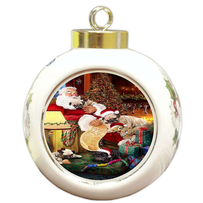 Pug Dog and Puppies Sleeping with Santa Round Ball Christmas Ornament