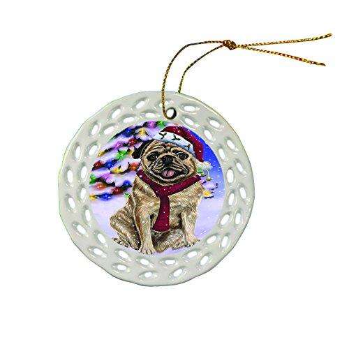 Pug Dog Christmas Doily Ceramic Ornament