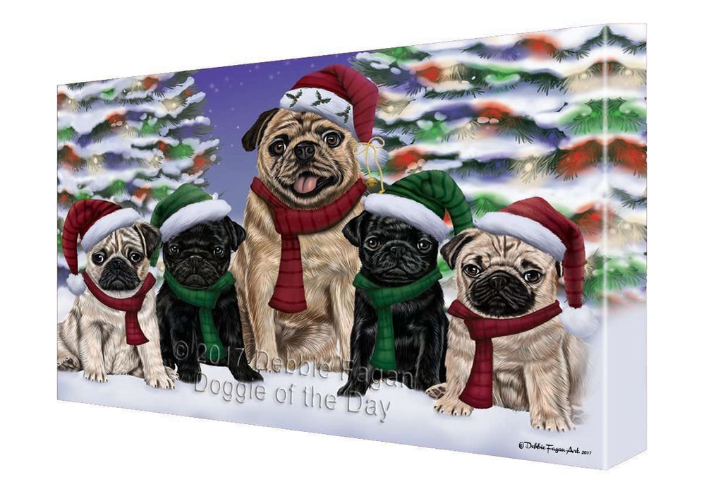 Pug Dog Christmas Family Portrait in Holiday Scenic Background Canvas Wall Art