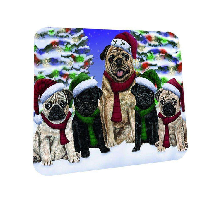 Pug Dog Christmas Family Portrait in Holiday Scenic Background Coasters Set of 4