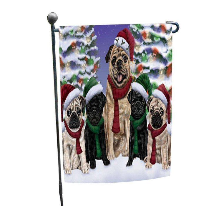 Pug Dog Christmas Family Portrait in Holiday Scenic Background Garden Flag