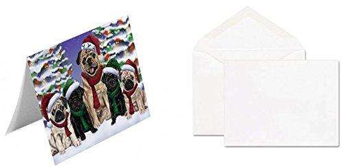 Pug Dog Christmas Family Portrait in Holiday Scenic Background Handmade Artwork Assorted Pets Greeting Cards and Note Cards with Envelopes for All Occasions and Holiday Seasons
