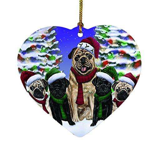 Pug Dog Christmas Family Portrait in Holiday Scenic Background Heart Ornament D146