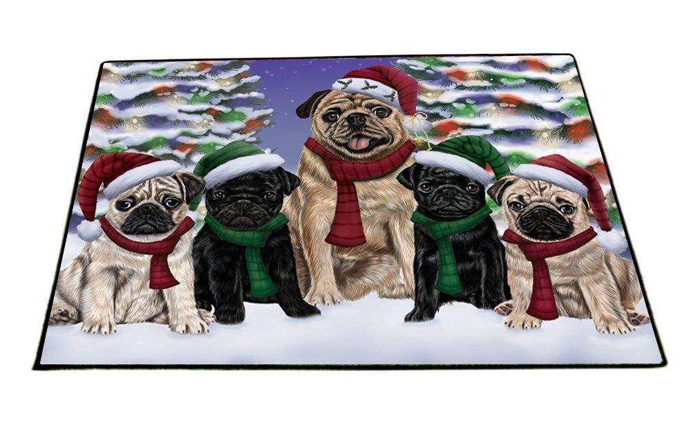 Pug Dog Christmas Family Portrait in Holiday Scenic Background Indoor/Outdoor Floormat