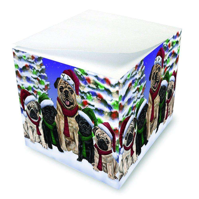 Pug Dog Christmas Family Portrait in Holiday Scenic Background Note Cube D166