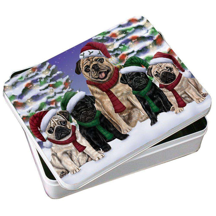 Pug Dog Christmas Family Portrait in Holiday Scenic Background Photo Storage Tin
