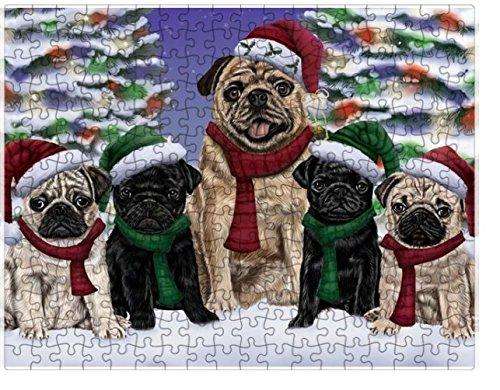 Pug Dog Christmas Family Portrait in Holiday Scenic Background Puzzle with Photo Tin