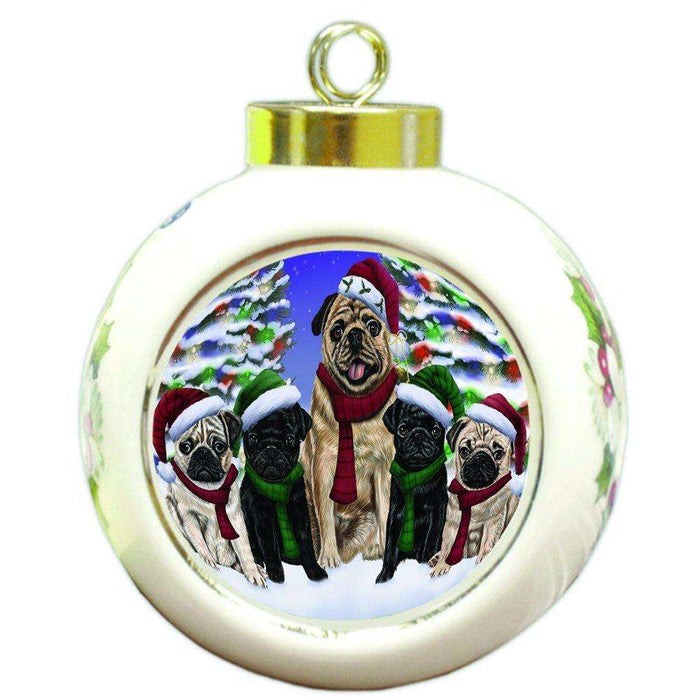 Pug Dog Christmas Family Portrait in Holiday Scenic Background Round Ball Ornament D146