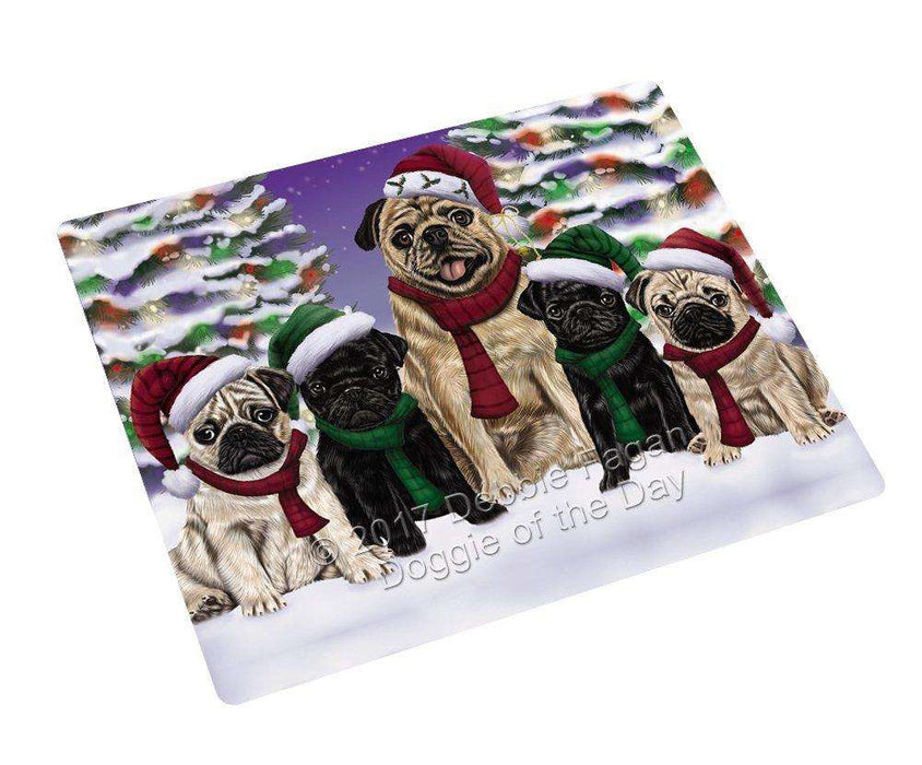 Pug Dog Christmas Family Portrait in Holiday Scenic Background Tempered Cutting Board