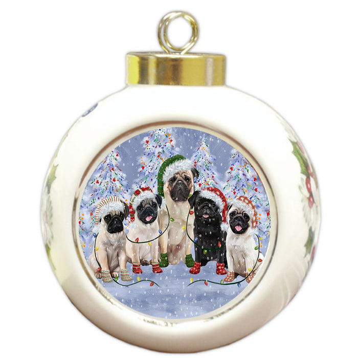 Christmas Lights and Pug Dogs Round Ball Christmas Ornament Pet Decorative Hanging Ornaments for Christmas X-mas Tree Decorations - 3" Round Ceramic Ornament